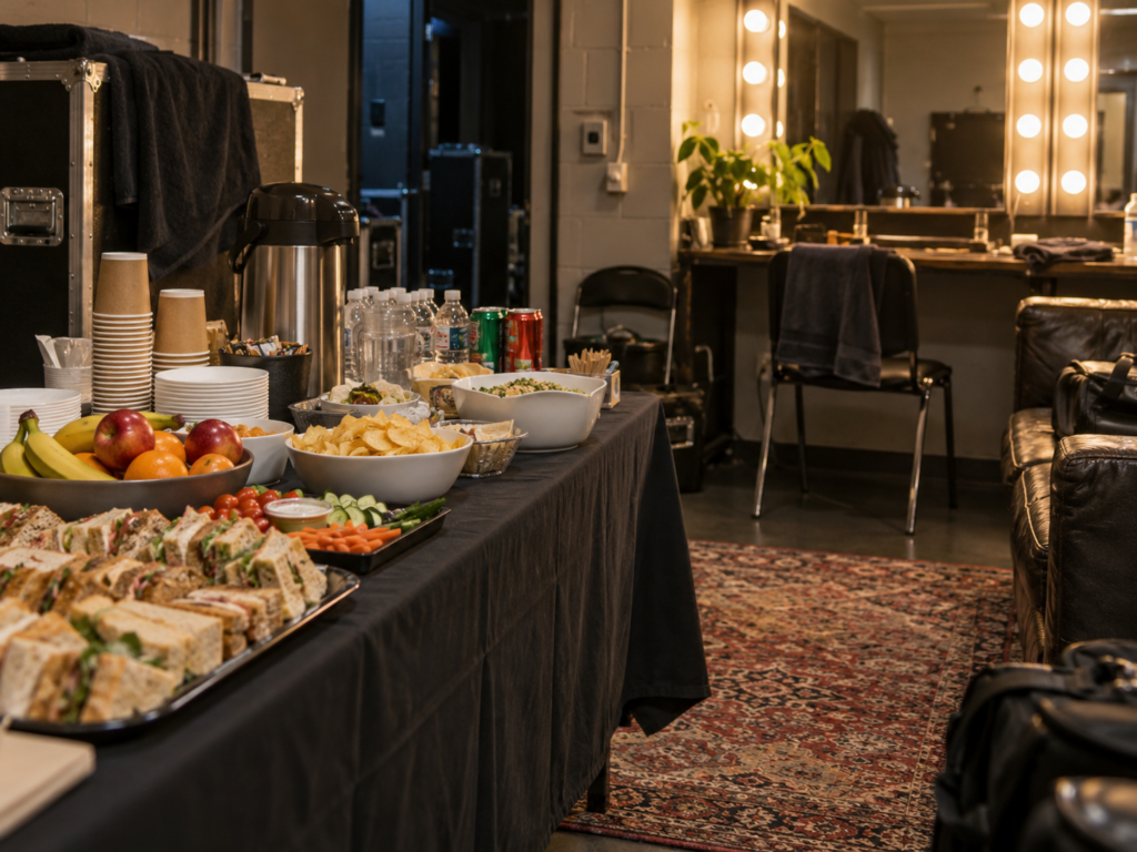 Table de catering avec sandwichs, fruits, boissons et café dans une loge d'artistes d'une salle de concert.