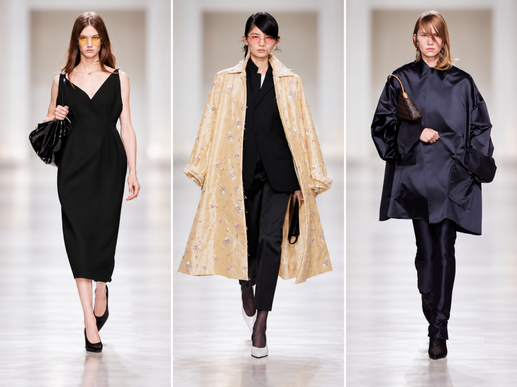 Trois silhouettes du défilé Celine à la Paris Fashion Week, entre robe noire, manteau brodé et ensemble bleu nuit.