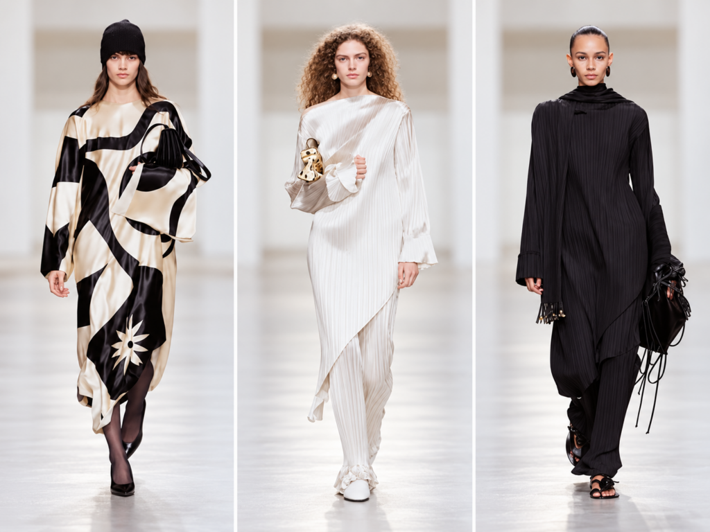 Trois silhouettes Celine printemps-été 2027 en noir et blanc, avec robe graphique, robe plissée et ensemble noir.