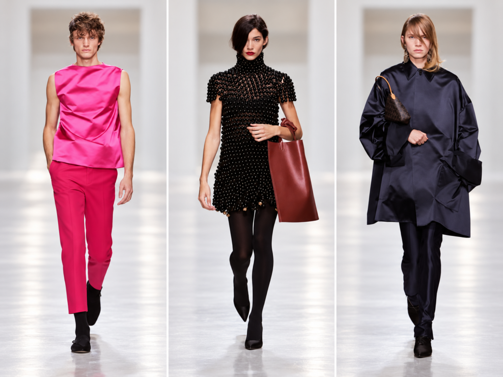 Trois silhouettes Celine printemps-été 2027, avec ensemble rose vif, robe noire et tenue bleu nuit.