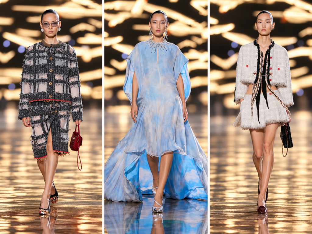 Trois silhouettes du défilé Chanel printemps-été 2027 à Paris : ensemble en tweed noir et gris, robe fluide bleu ciel et tailleur court en tweed blanc.