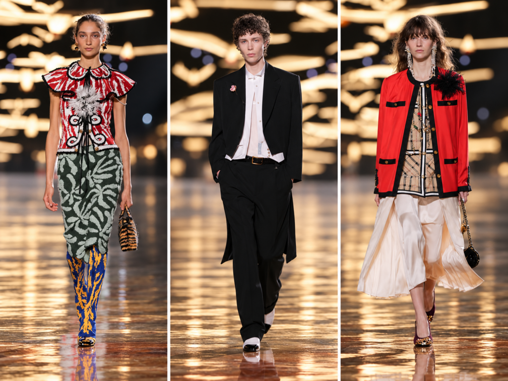 Trois silhouettes du défilé Chanel printemps-été 2027 à Paris : ensemble graphique multicolore, costume noir masculin et veste rouge sur jupe crème.