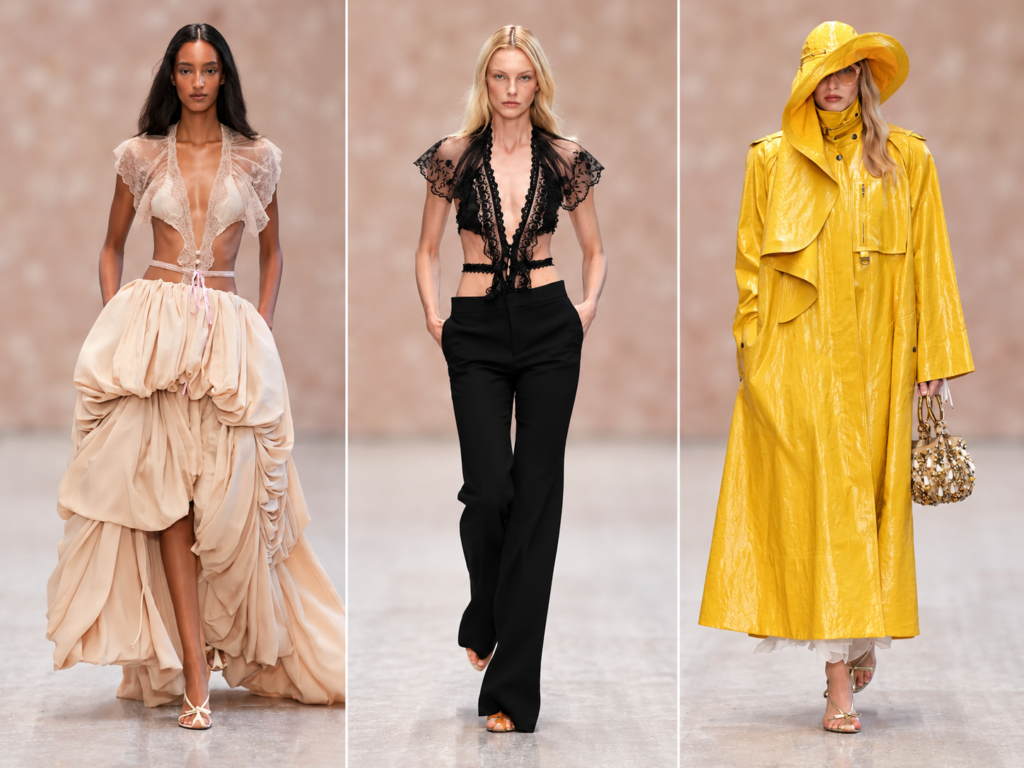 Triptyque du défilé Chloé printemps-été 2027 à la Paris Fashion Week, avec trois silhouettes en beige, noir et jaune.