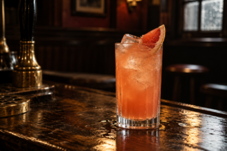 Cocktail The Morning After au gin, pamplemousse et Campari, inspiré de l'album Morning Glory d'Oasis, sur le comptoir d'un pub anglais.