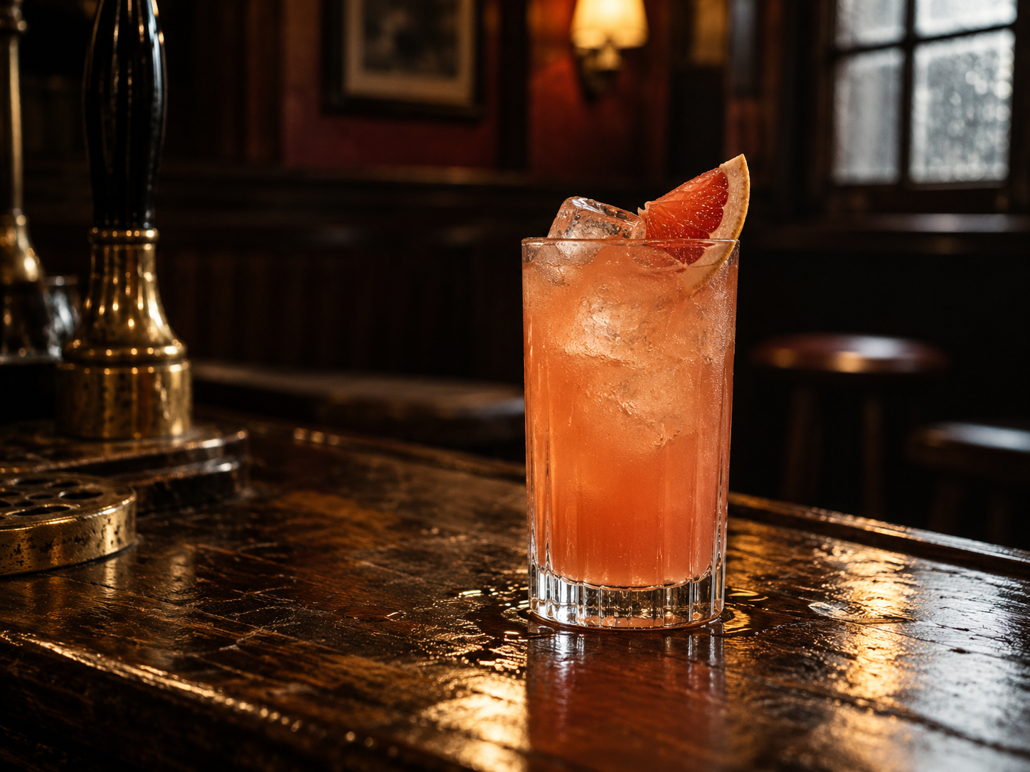 Cocktail The Morning After au gin, pamplemousse et Campari, inspiré de l'album Morning Glory d'Oasis, sur le comptoir d'un pub anglais.