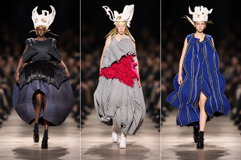 Trois silhouettes du défilé Comme des Garçons printemps-été 2027 à Paris, avec robes sculpturales noires, grises et bleues et coiffes blanches.