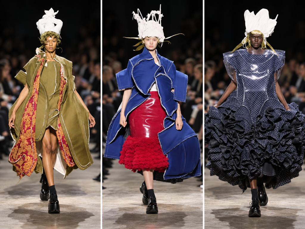 Trois silhouettes du défilé Comme des Garçons printemps-été 2027 à Paris : robe kaki brodée, ensemble bleu et rouge, robe noire à pois et volants.