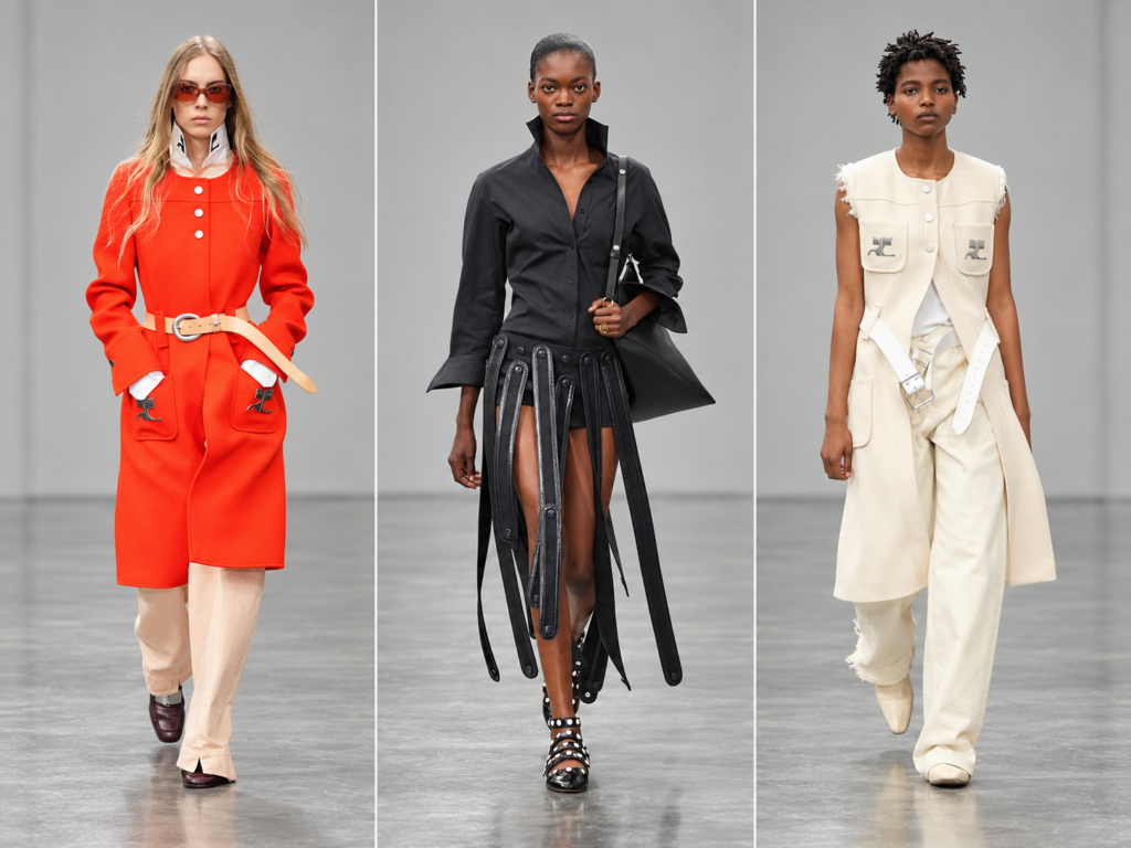 Trois silhouettes du défilé Courrèges printemps-été 2027 à la Paris Fashion Week, avec des looks orange, noir et blanc.