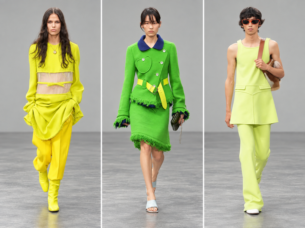 Trois looks colorés du défilé Courrèges printemps-été 2027 à la Paris Fashion Week, en jaune, vert et vert anis.
