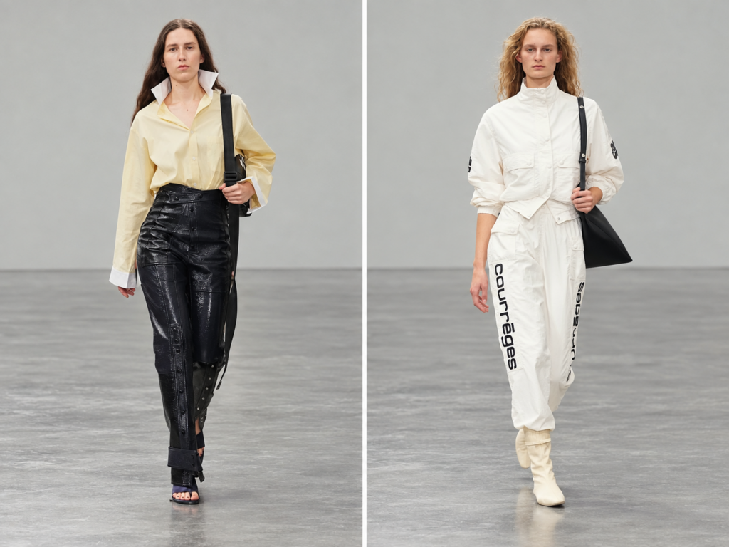 Deux silhouettes du défilé Courrèges printemps-été 2027 à la Paris Fashion Week, en noir, jaune pâle et blanc.