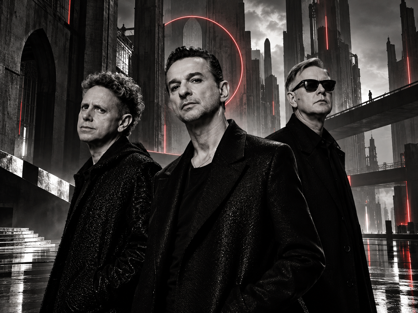 Illustration de Depeche Mode en noir et blanc dans un décor urbain gothique, avec un halo rouge et des éclairages néon discrets.