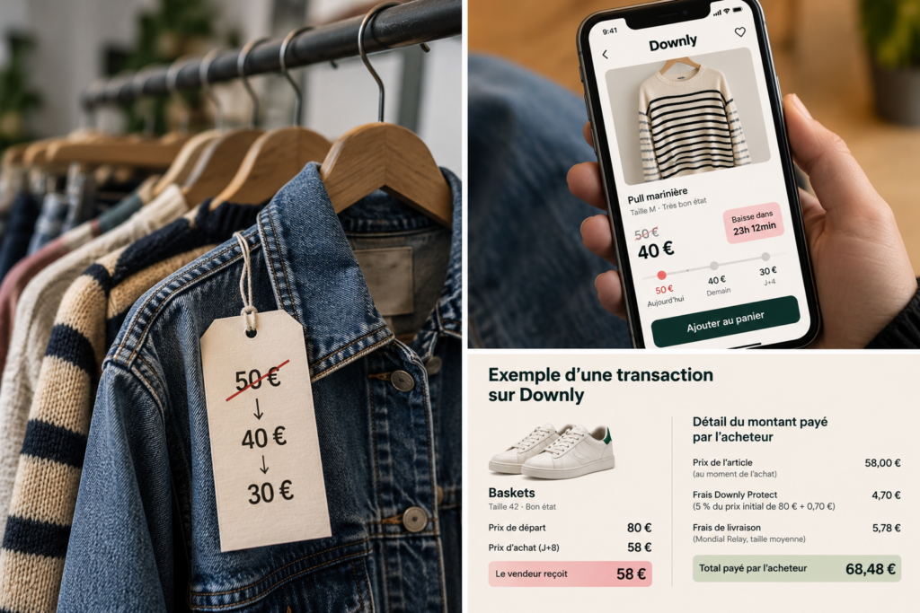 Montage Downly avec veste en jean à prix décroissant, pull marinière affiché sur smartphone et détail des frais pour des baskets vendues 58 €.