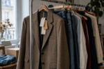 Veste à carreaux, jeans et vêtements d'occasion suspendus sur un portant, illustrant la marketplace Downly.