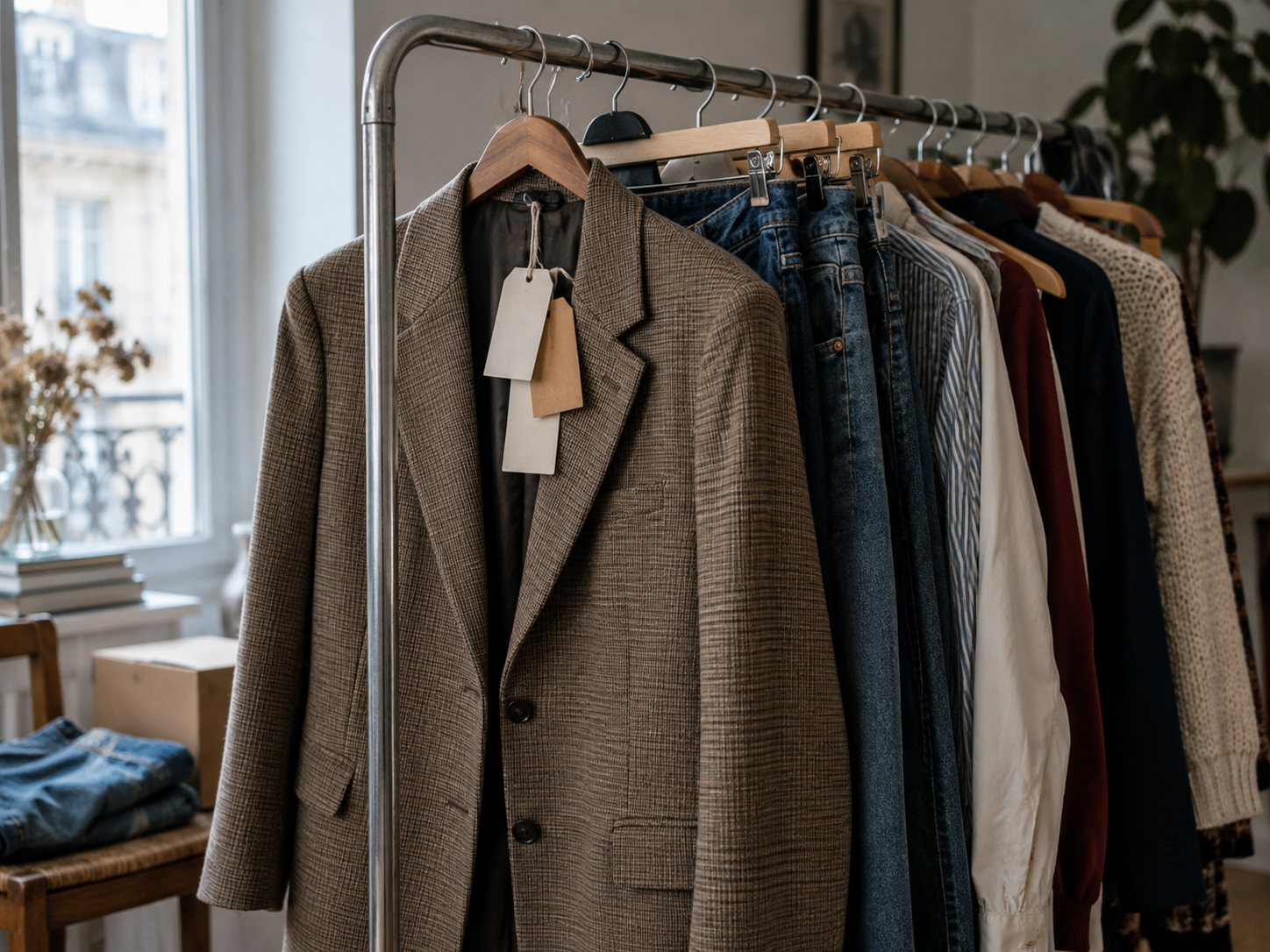Veste à carreaux, jeans et vêtements d'occasion suspendus sur un portant, illustrant la marketplace Downly.
