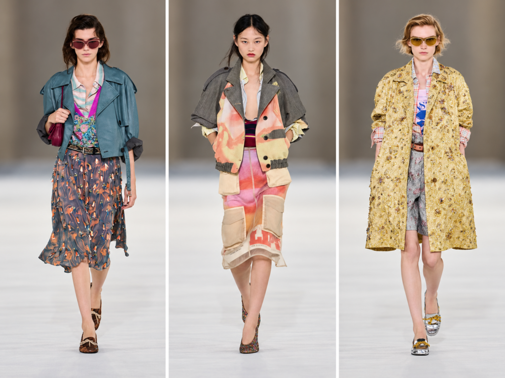 Trois silhouettes du défilé Dries Van Noten printemps-été 2027 à la Paris Fashion Week, avec veste bleue, look pastel et manteau doré.