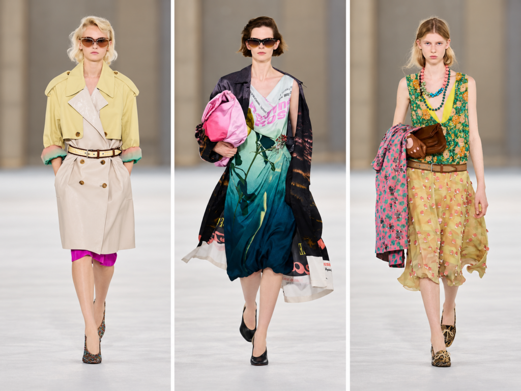 Trois silhouettes du défilé Dries Van Noten printemps-été 2027 à la Paris Fashion Week, présentées en triptyque.