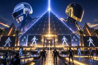 Casques de Daft Punk dominant une pyramide lumineuse dans un décor virtuel inspiré de Fortnite.