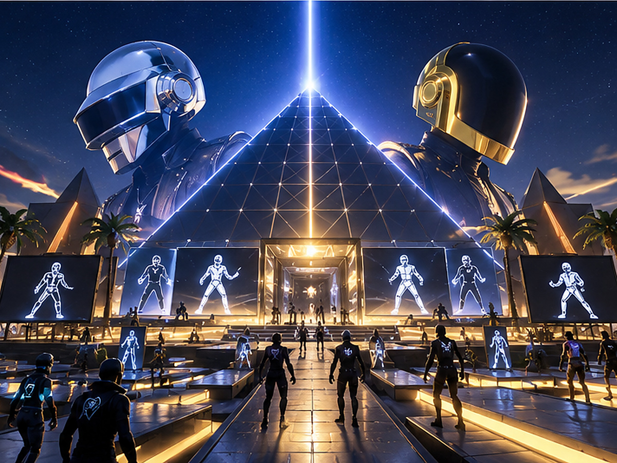 Casques de Daft Punk dominant une pyramide lumineuse dans un décor virtuel inspiré de Fortnite.