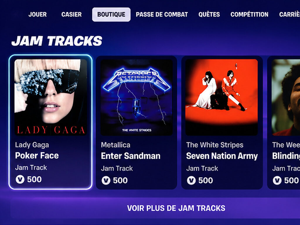 Illustration d'une boutique Fortnite Festival présentant des chansons de Lady Gaga, Metallica et The Weeknd à 500 V-bucks.