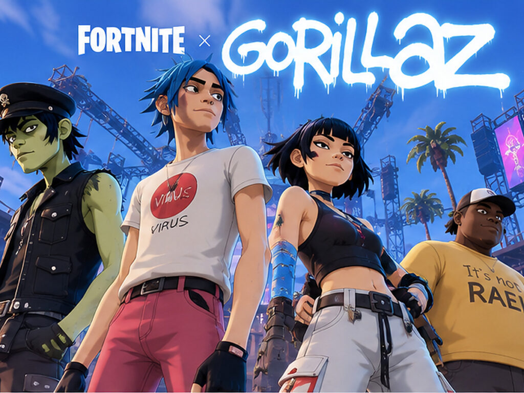 Les quatre membres de Gorillaz représentés en avatars dans un décor inspiré de Fortnite Festival.