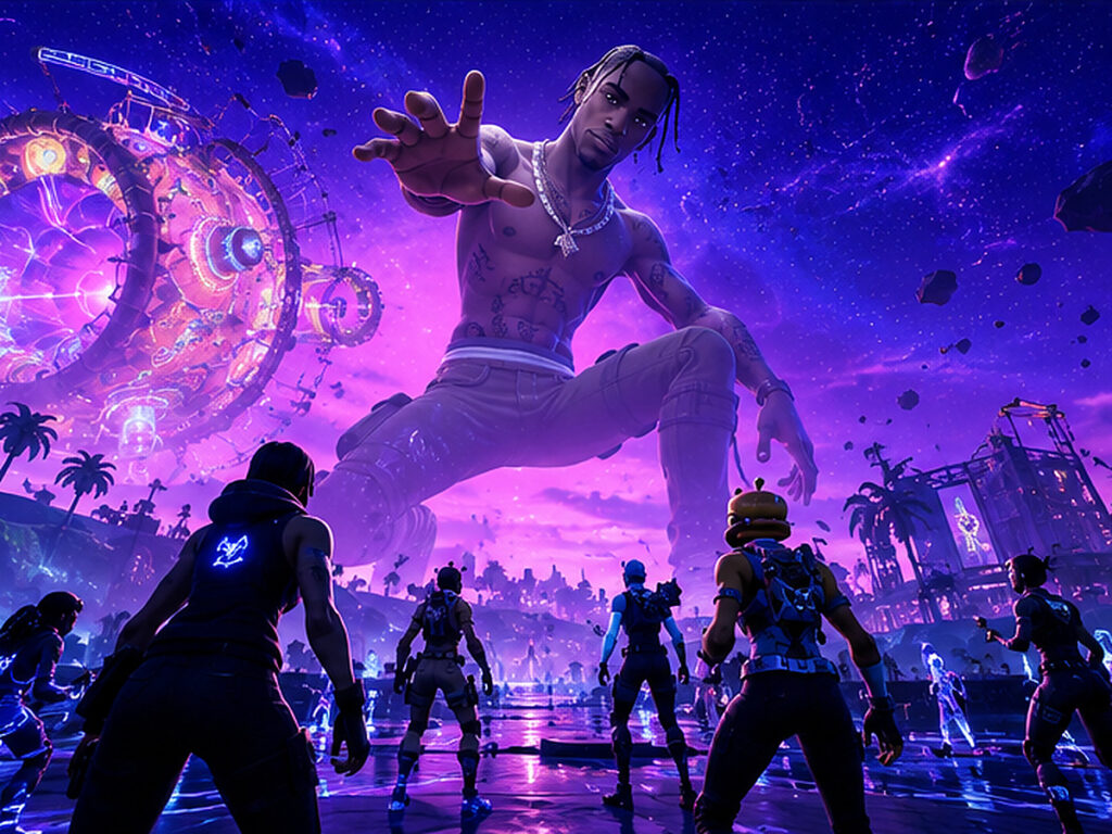 Travis Scott représenté en avatar géant devant des joueurs lors d'une scène inspirée de son concert virtuel Fortnite.