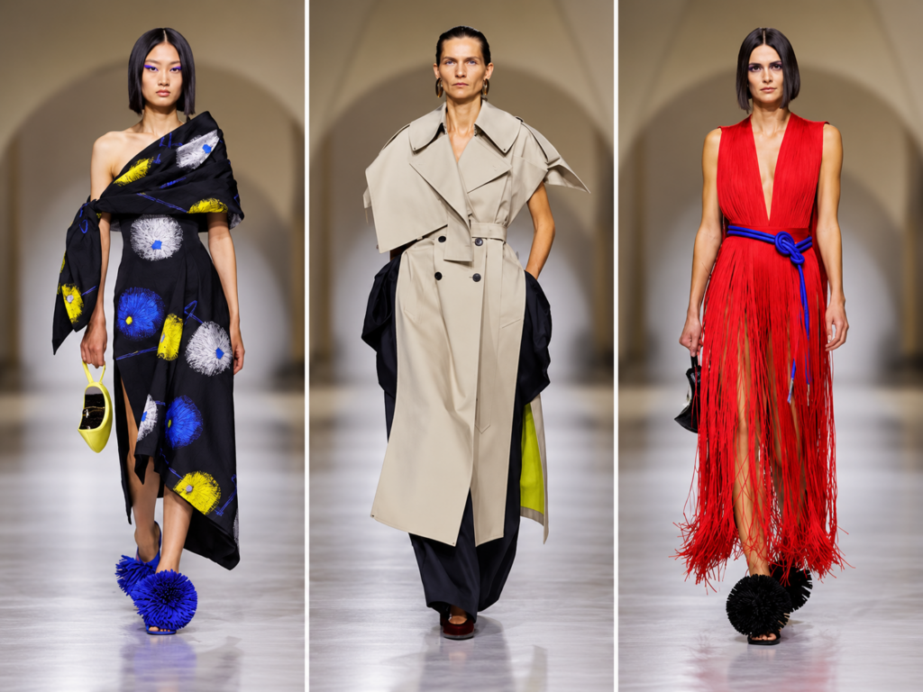 Triptyque du défilé Givenchy printemps-été 2027 à la Paris Fashion Week avec robe noire imprimée, manteau beige et robe rouge à franges.