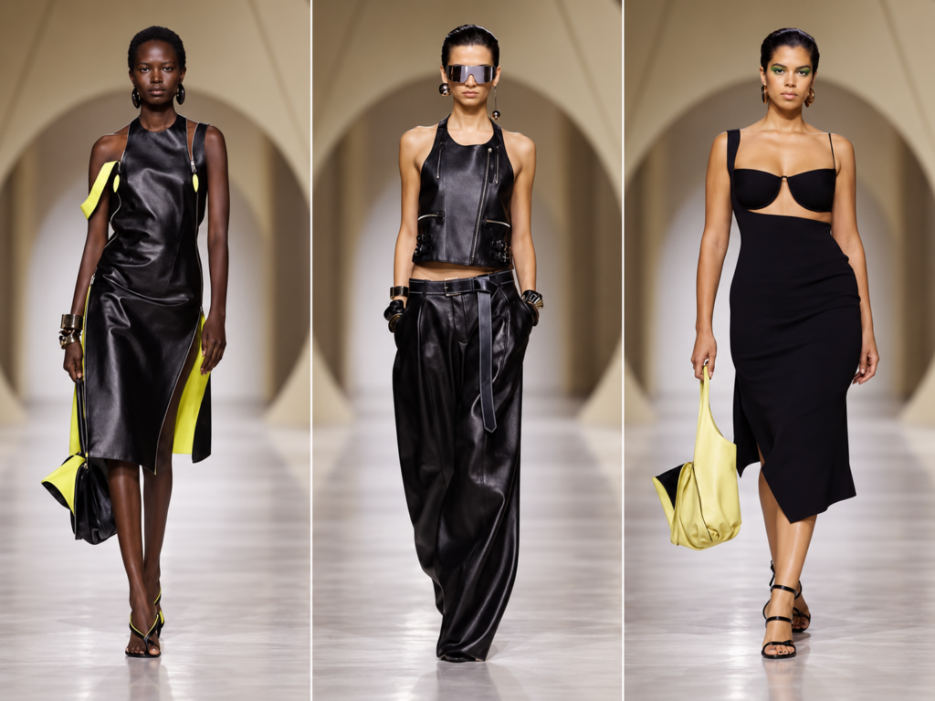 Triptyque de trois silhouettes Givenchy printemps-été 2027 présentées à la Paris Fashion Week, avec looks noirs et touches de jaune.