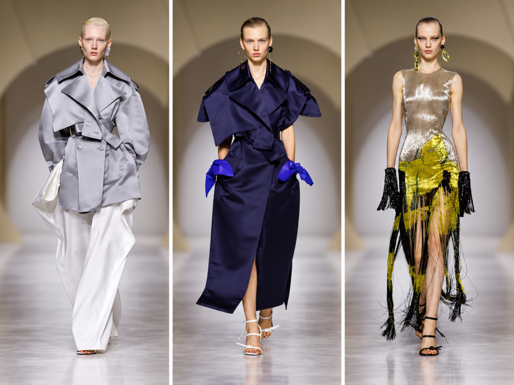 Triptyque du défilé Givenchy printemps-été 2027 à la Paris Fashion Week avec tailleur gris, silhouette bleu marine et robe métallisée à franges.
