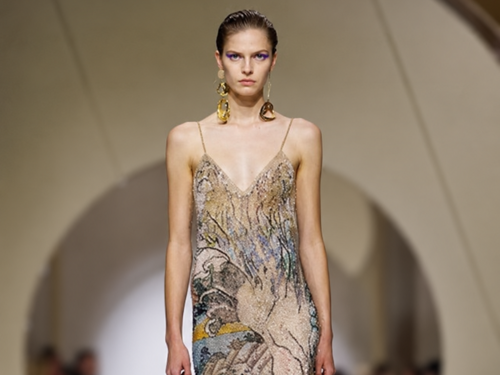 Mannequin portant une robe longue brodée Givenchy printemps-été 2027 lors de la Paris Fashion Week.