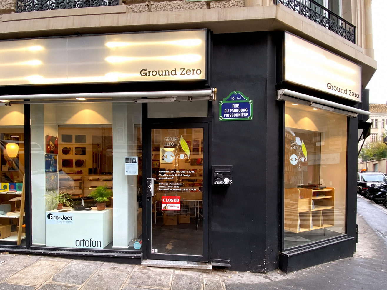 Façade du disquaire Ground Zero, rue du Faubourg-Poissonnière à Paris, spécialisé dans les vinyles et le matériel hi-fi.