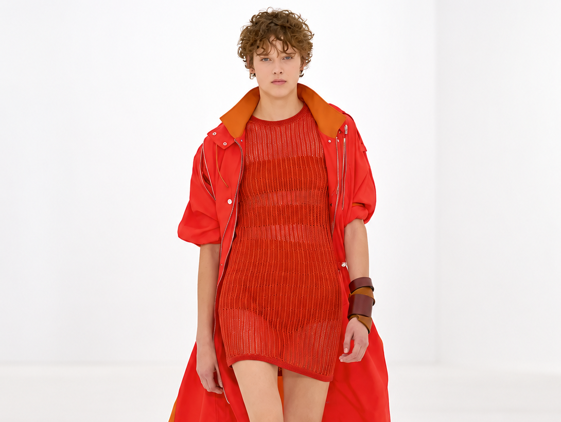 Mannequin en robe maille rouge et long manteau rouge lors du défilé Hermès printemps-été 2027 à Paris.