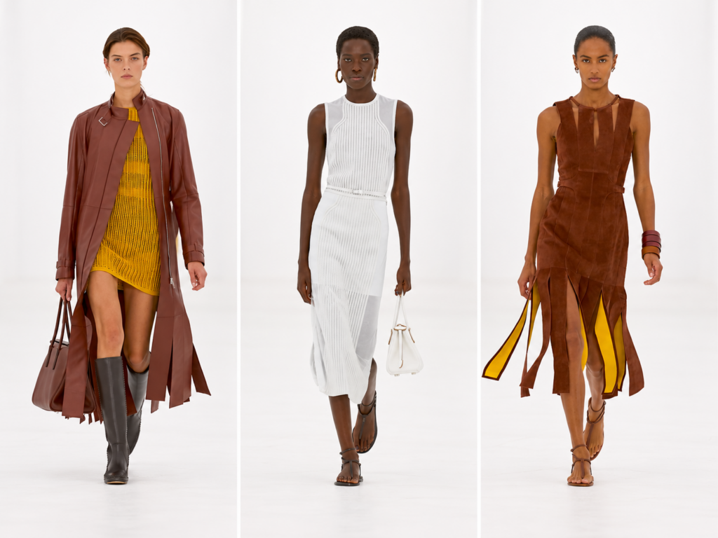 Triptyque du défilé Hermès printemps-été 2027 à Paris avec trois silhouettes féminines, dont une tenue blanche au centre.