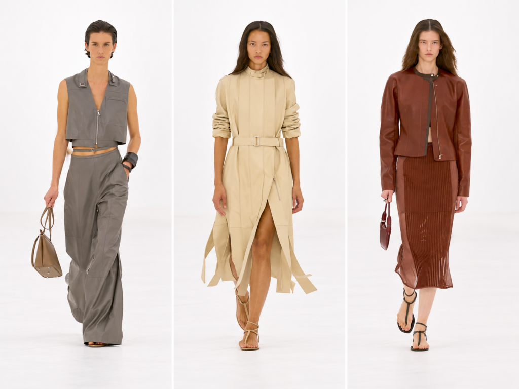 Triptyque du défilé Hermès printemps-été 2027 à Paris avec trois silhouettes en gris, beige et brun.