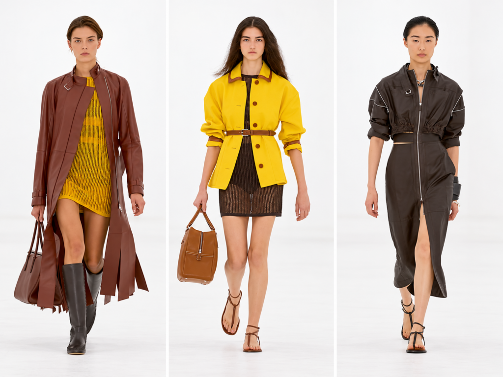 Triptyque du défilé Hermès printemps-été 2027 à Paris avec un manteau brun, une veste jaune et une silhouette sombre.