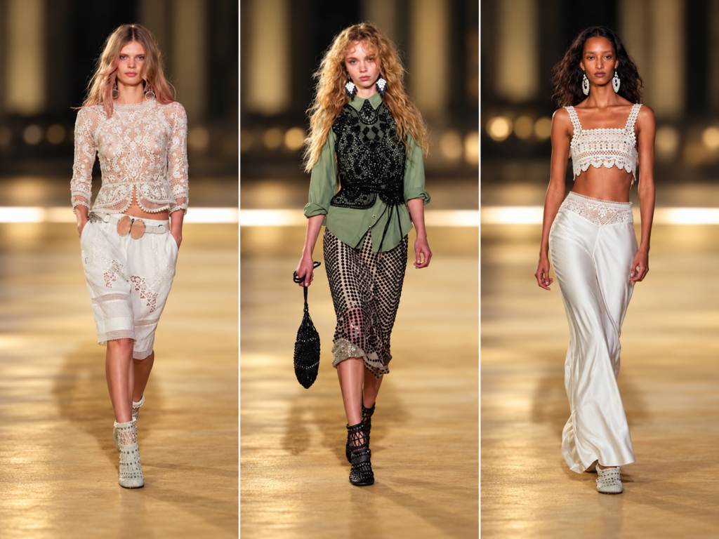 Trois silhouettes du défilé Isabel Marant printemps-été 2027 à la Paris Fashion Week, présentées en triptyque sur le podium.