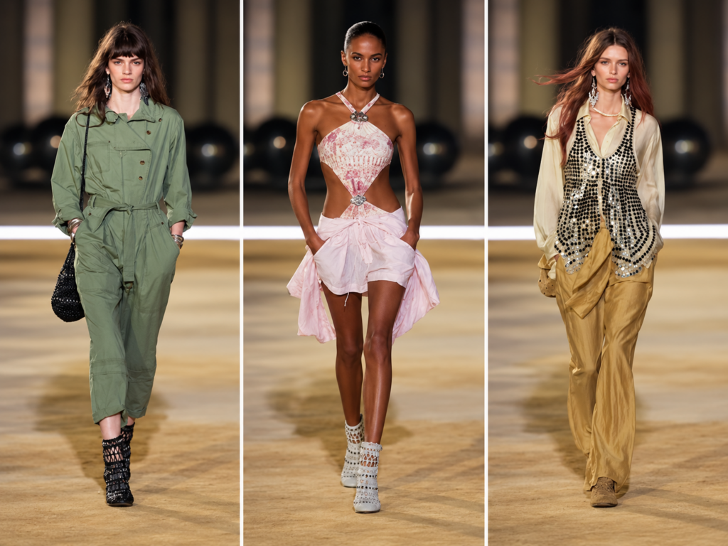 Trois silhouettes du défilé Isabel Marant printemps-été 2027 à la Paris Fashion Week, avec une tenue rose au centre.