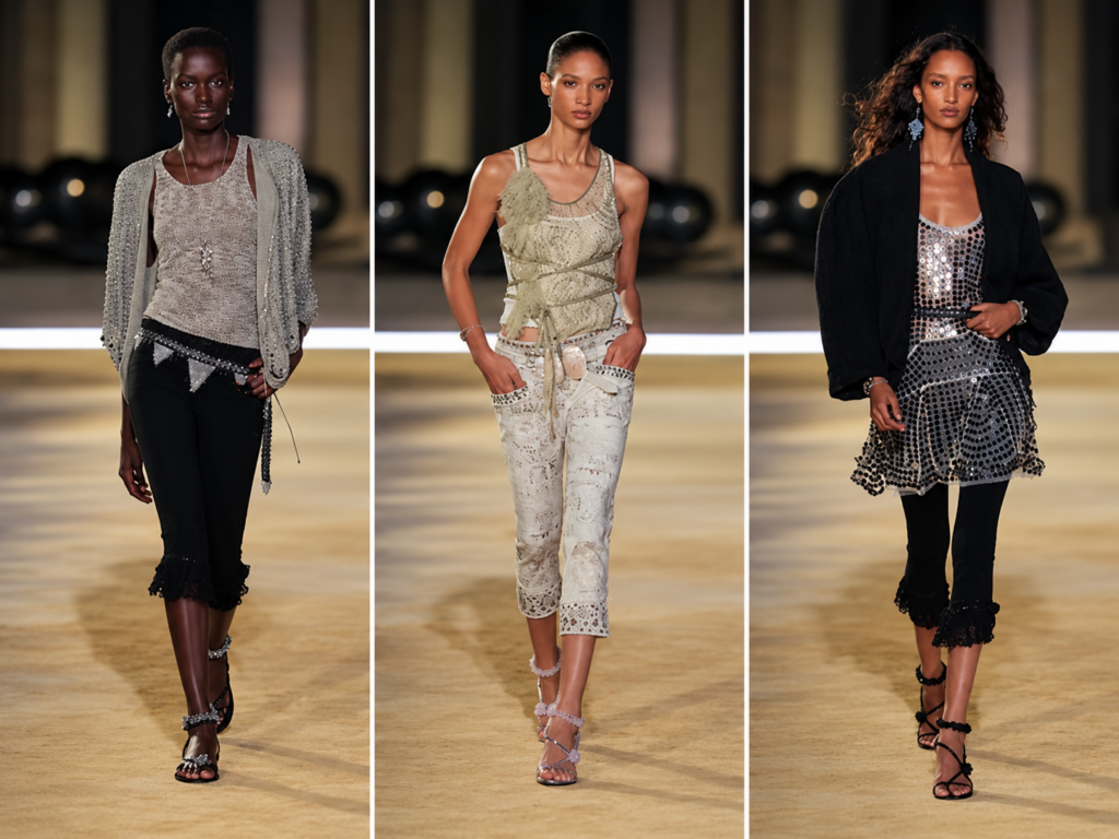 Trois silhouettes du défilé Isabel Marant printemps-été 2027 à la Paris Fashion Week, entre maille, dentelle et sequins.