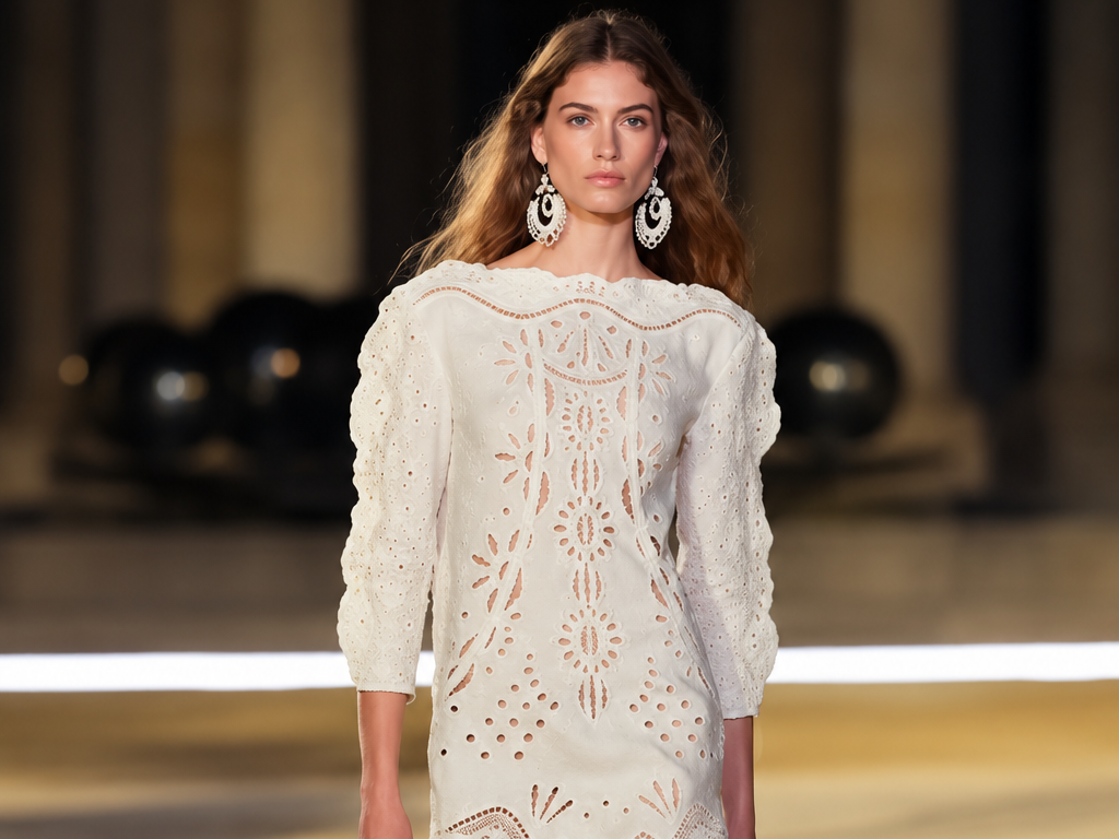 Mannequin portant une robe blanche ajourée lors du défilé Isabel Marant printemps-été 2027 à la Paris Fashion Week.