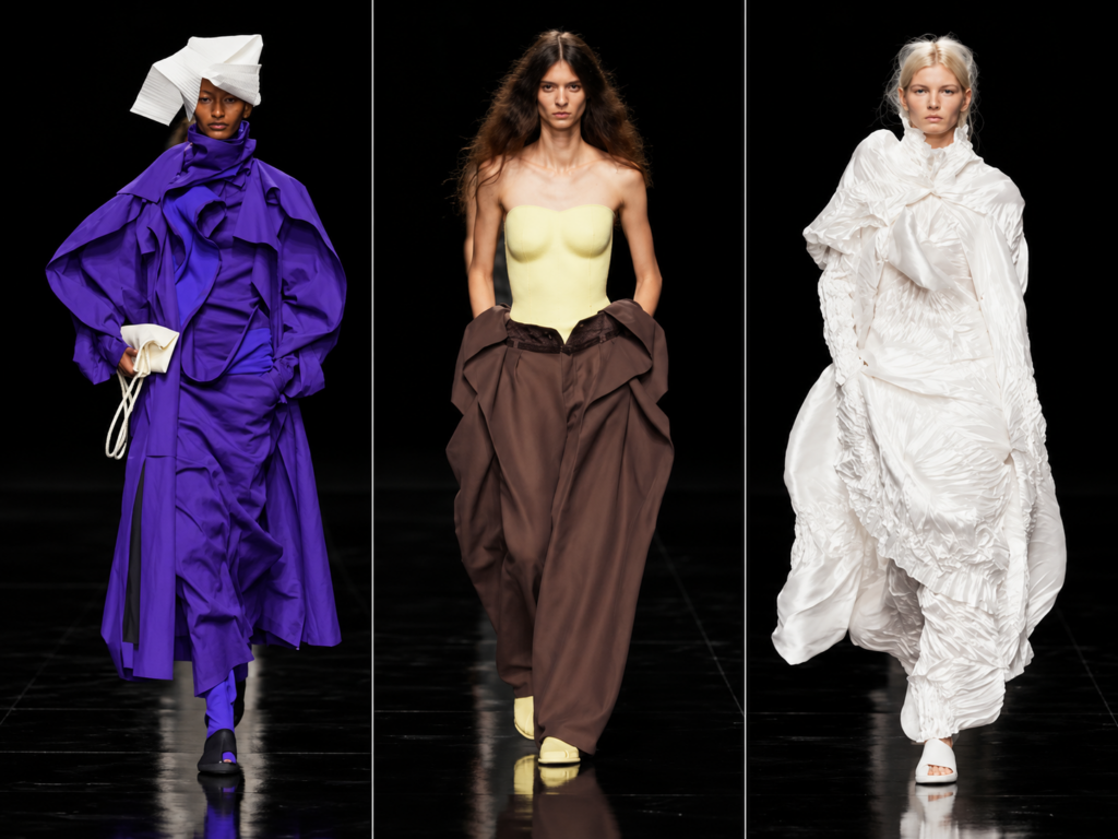 Trois silhouettes Issey Miyake à Paris, dont un bustier jaune entouré de looks violet et blanc volumineux.