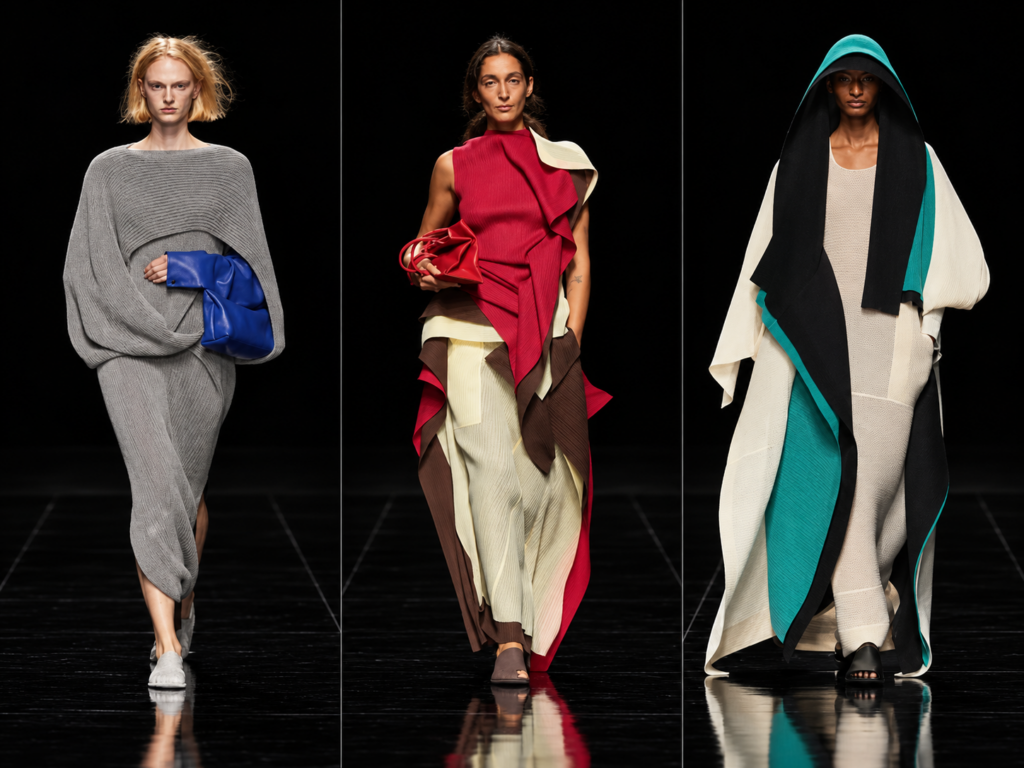 Trois silhouettes Issey Miyake printemps-été 2027, avec un look rouge placé au centre du triptyque.