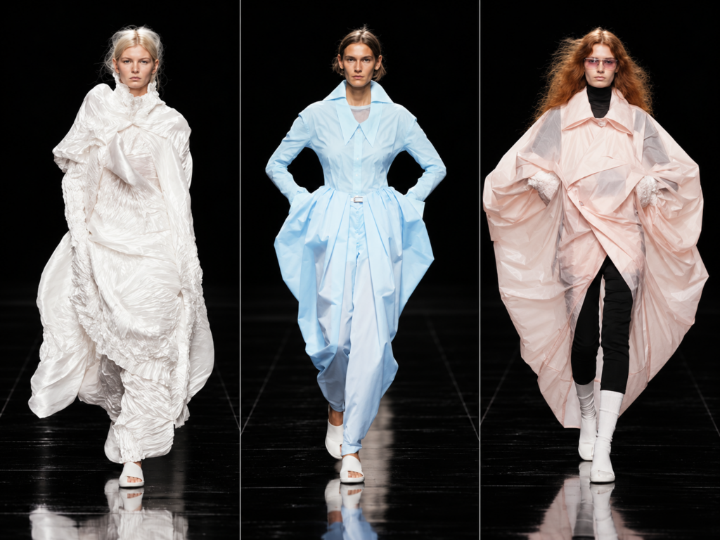 Trois silhouettes Issey Miyake printemps-été 2027 en blanc, bleu pâle et rose sur le podium parisien.