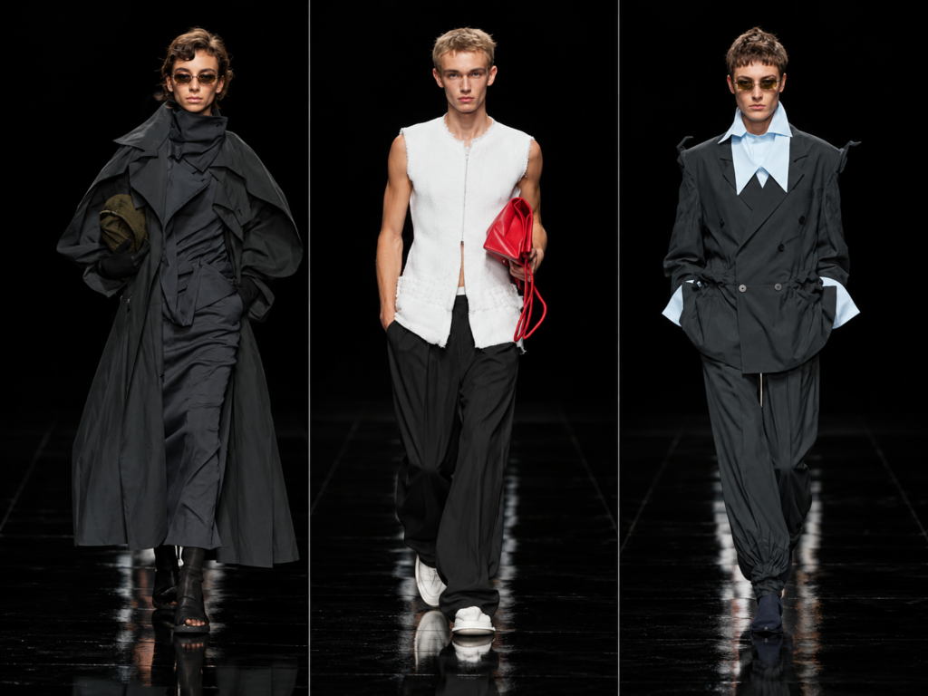 Trois silhouettes Issey Miyake printemps-été 2027, avec un gilet blanc sans manches placé au centre.
