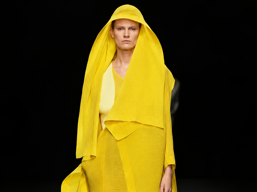 Silhouette jaune ample et drapée du défilé Issey Miyake printemps-été 2027 sur un podium noir.