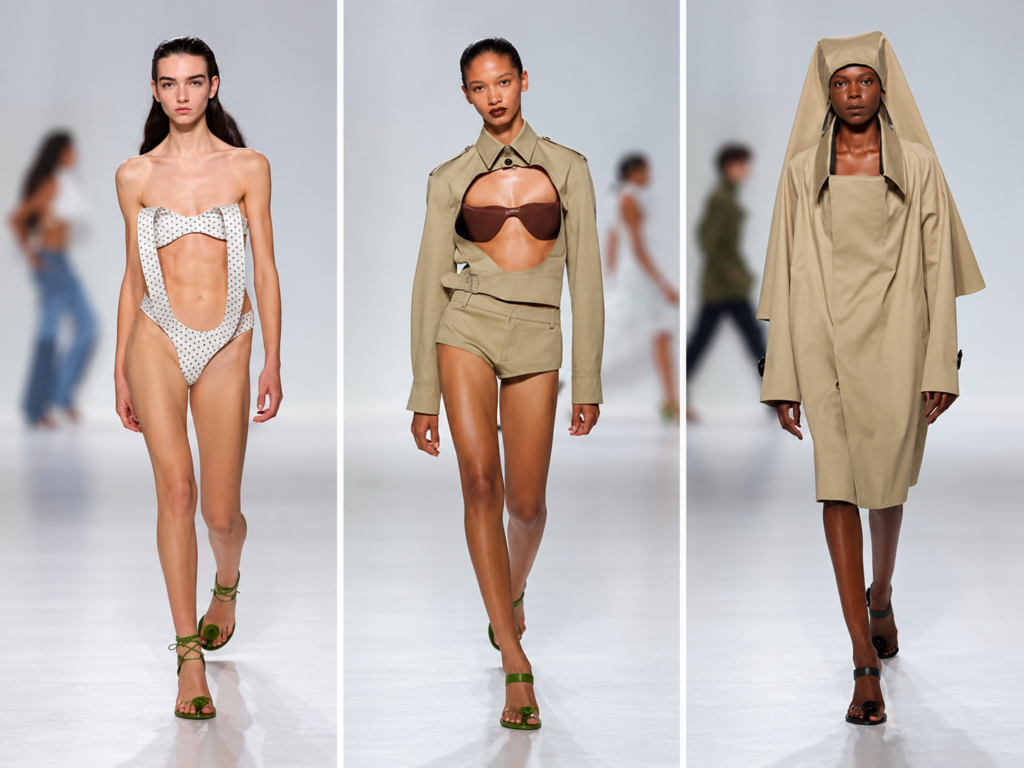 Trois silhouettes du défilé Jean Paul Gaultier printemps-été 2027 à Paris : maillot blanc à pois, ensemble kaki découpé et robe-manteau beige à capuche.