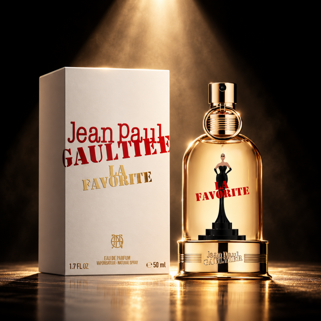 Flacon et boîte du parfum La Favorite de Jean Paul Gaultier éclairés par un projecteur de théâtre sur fond noir.