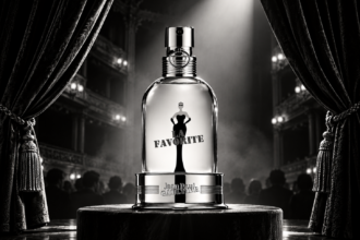 Flacon du parfum La Favorite de Jean Paul Gaultier sur une scène de théâtre en noir et blanc.