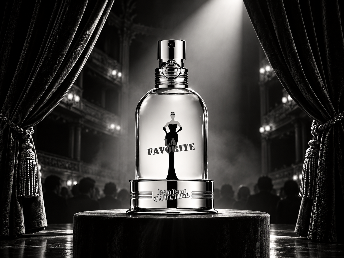 Flacon du parfum La Favorite de Jean Paul Gaultier sur une scène de théâtre en noir et blanc.