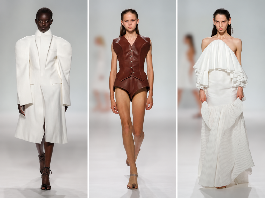 Trois silhouettes du défilé Jean Paul Gaultier printemps-été 2027 à la Paris Fashion Week, entre manteau blanc structuré, cuir brun et robe blanche.
