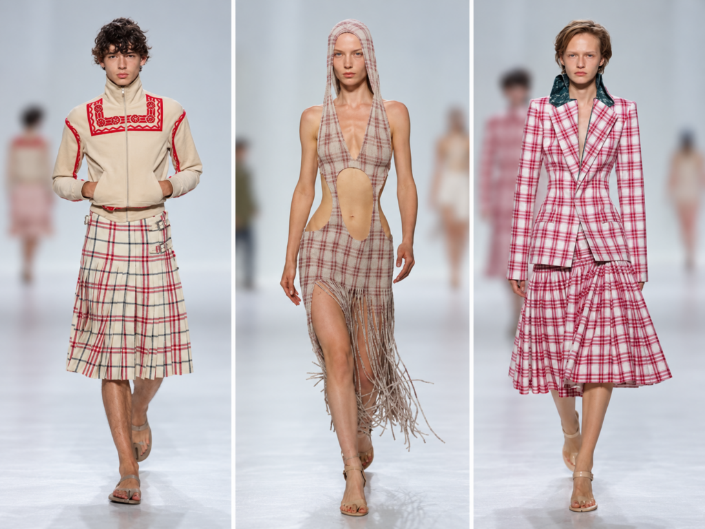 Trois silhouettes du défilé Jean Paul Gaultier printemps-été 2027 : jupe à carreaux, maillot ajouré à franges et tailleur rose à carreaux.