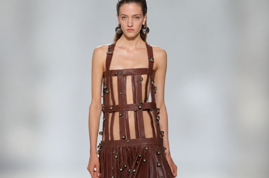 Mannequin portant une robe marron à lanières de cuir et ornements métalliques lors du défilé Jean Paul Gaultier printemps-été 2027 à Paris.